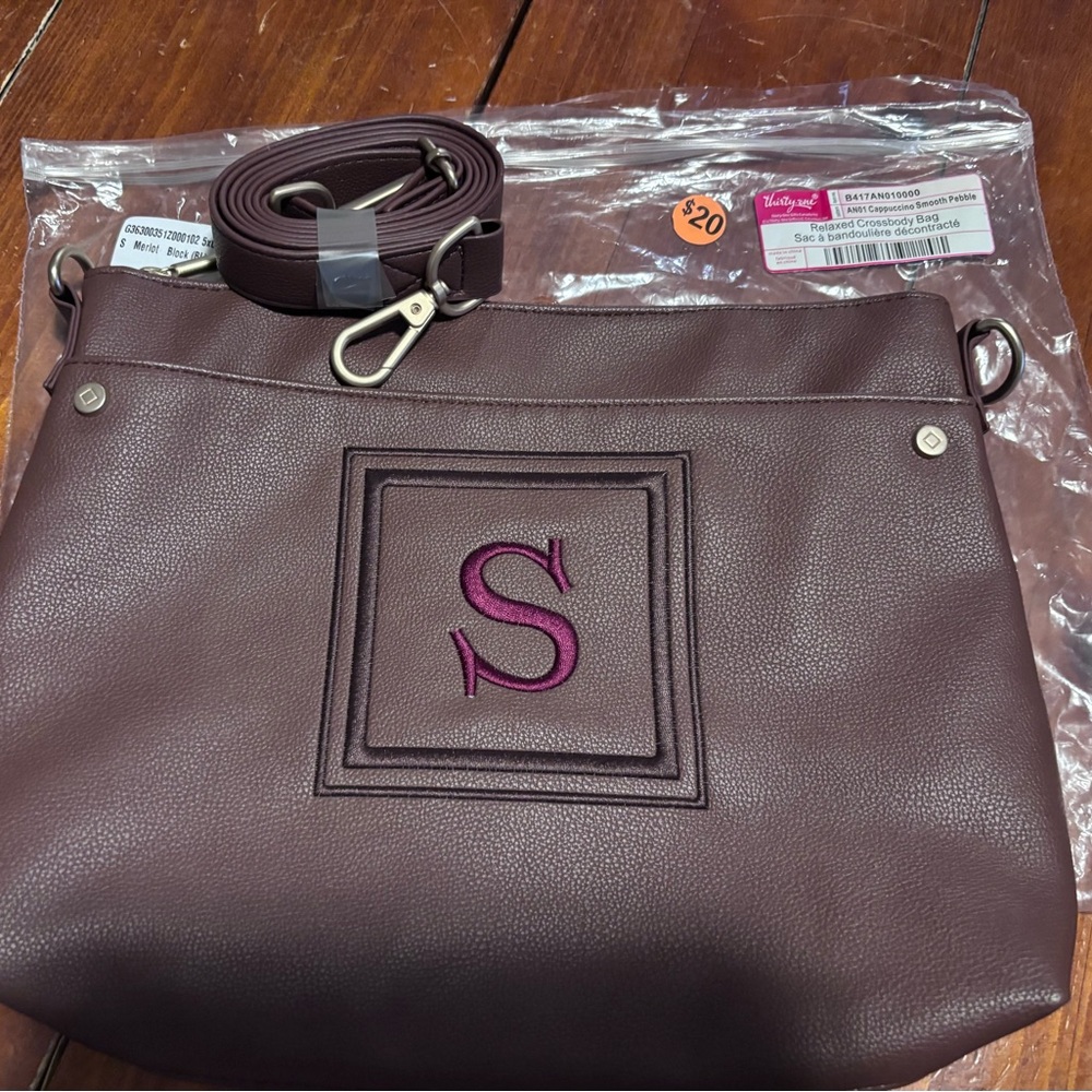 Thirty One Relaxed Crossbody Bag Cappuccino Smooth Pebble w/ “S” Monogram NWT